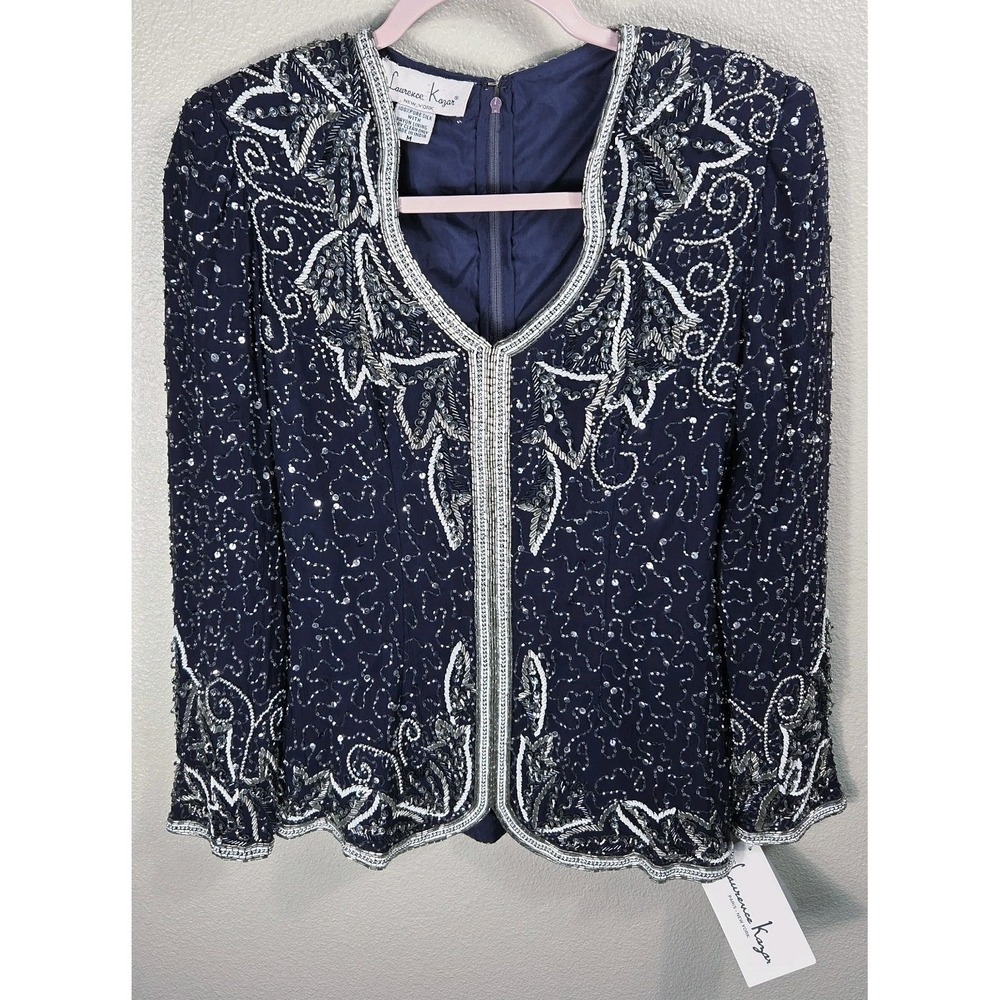 Vintage Laurence Kazar 100% Silk Hand Beaded Top Navy Silver Evening M NWT‎